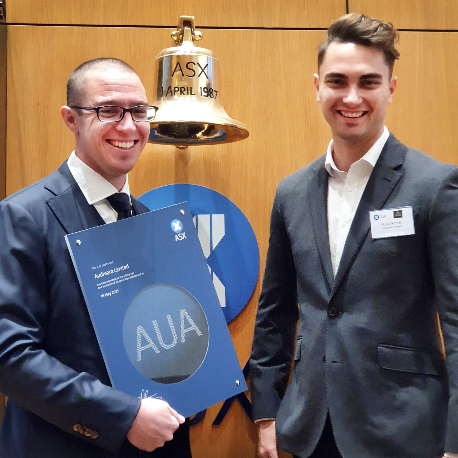 Audeara CEO and CTO Dr James Fielding (left) and Alex Afflick (right) at the listing of their company on the ASX for $21m