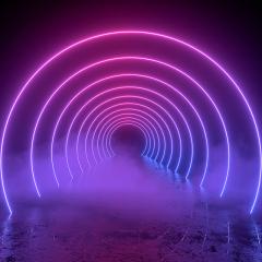 Glowing purple semi-circles receding into the background