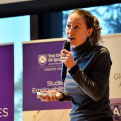 Pitching student at 2019 hackathon