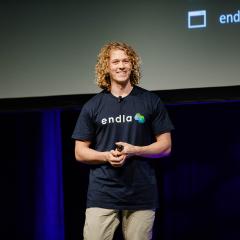 Endla co-founder Riley O'Donnell on stage at Pitch Night 2021 talking to the judges
