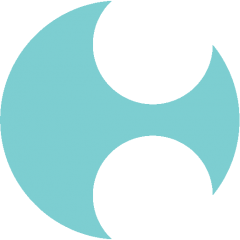 logo - a teal circle with two holes cut out of it. 