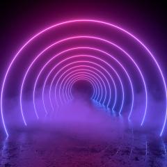 Purple and pink neon futuristic archway with smoke